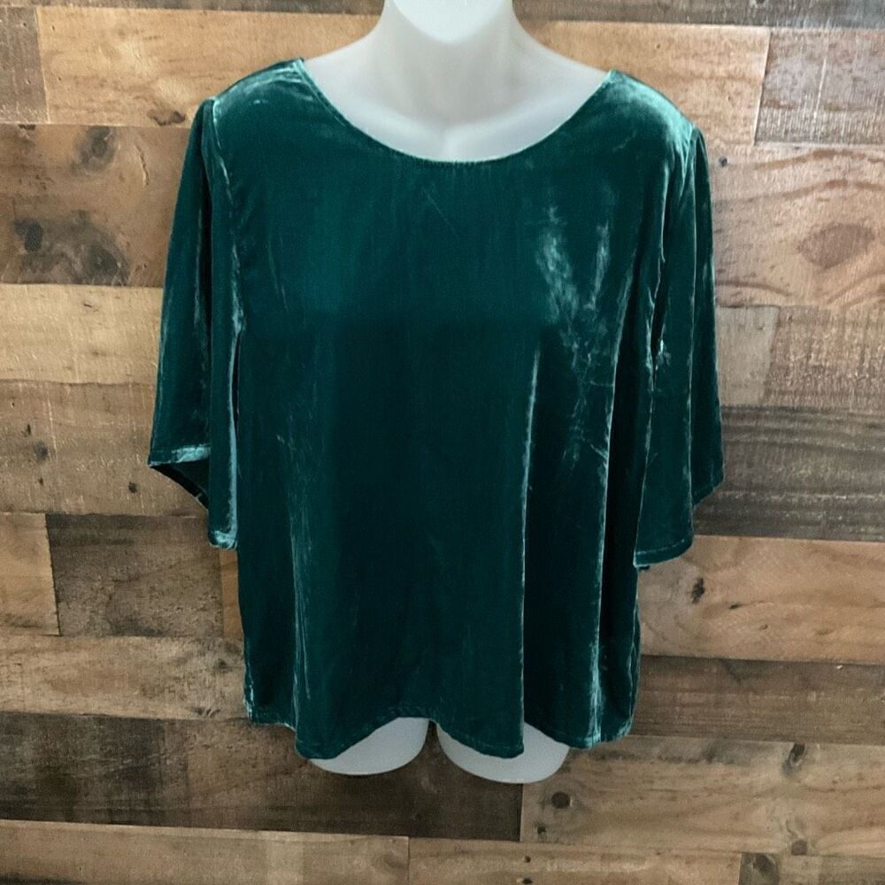 Chelsea28 Blouse Round Neck Short Flare Sleeves Velvet Green Women Size Large - Picture 10 of 10